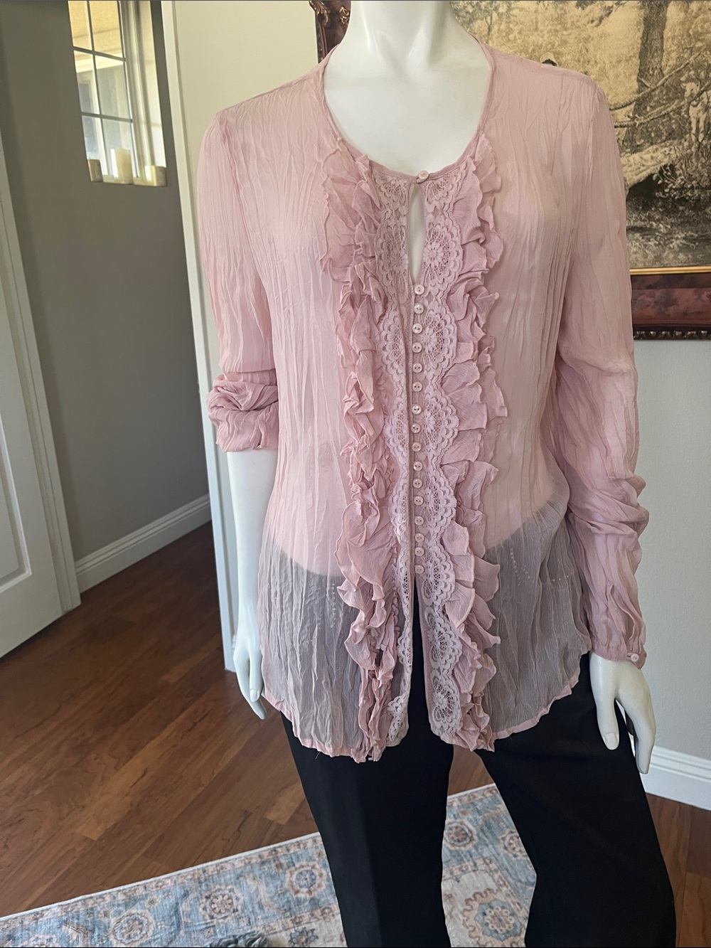 Women's Ruffle Lace Front Blouse in Blush Pink